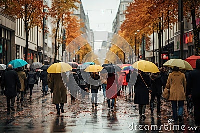 Lots of people with umbrellas and waterproof clothing. Street view on a rainy autumn day Stock Photo