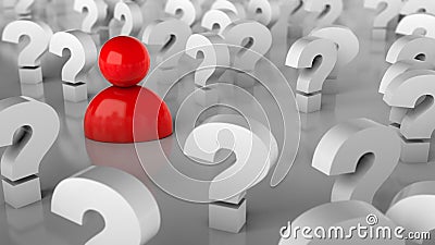Lots of question marks and a person. Many questions or looking for a solution. 3d render Stock Photo