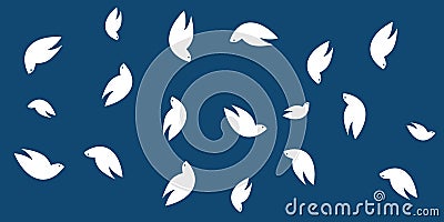 Lots of Random Placed Flying Bird Shapes, White Peace Pigeons of Various Sizes and Orientation - Pattern, Wide Scale Texture Vector Illustration