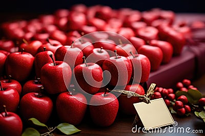 Lots of red apples and a congratulatory label on the Teacher's holiday Stock Photo