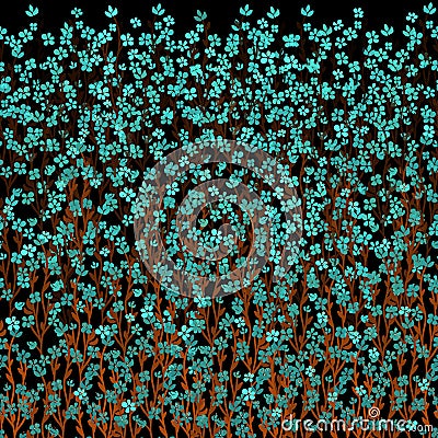 Lots of small blue turquoise forget-me-flower, brown stalks on black background Vector Illustration