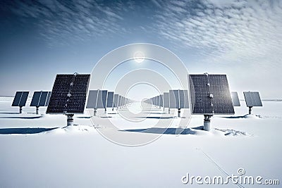 Lots Of Solar Panels In The Snow. Generative AI Stock Photo