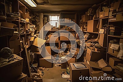 Lots of stuff cardboard boxes messy disorganized storage pi. Generative AI Stock Photo