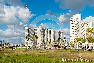 Lots tall skylines and luxury hotels along the Tel Aviv beach near the Sir Charles Clore park in Tel Aviv, Israel Editorial Stock Photo
