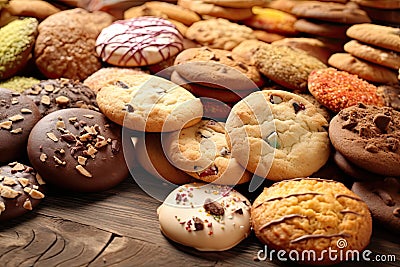 Lots of tasty cookies biscuits on wooden background table.Generative ai Stock Photo