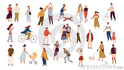 Lots of walking people, summer outdoor activities Vector Illustration