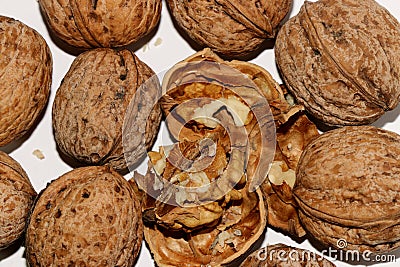 lots of walnuts and one broken walnut Stock Photo