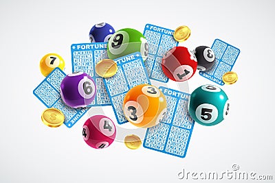 Lottery banner. Realistic lottery tickets and drawing balls, lucky instant win, lotto game, jackpot internet leisure Vector Illustration