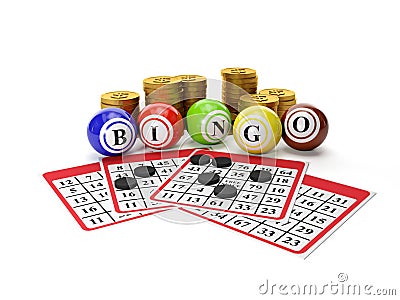 Lottery Bingo and a group of gold coins Cartoon Illustration