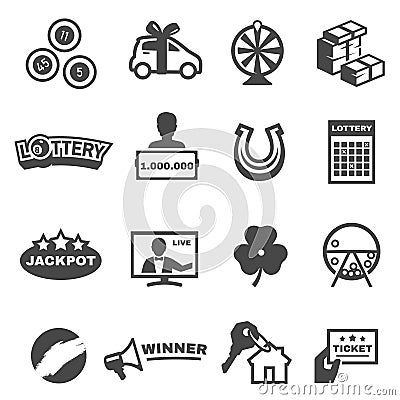 Lottery draw, balls, drum, raffle ticket bold black silhouette icons set isolated on white. Vector Illustration