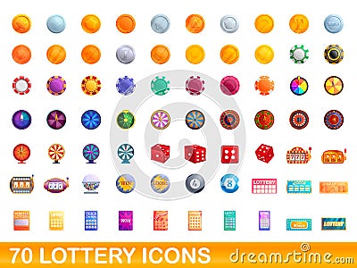 70 lottery icons set, cartoon style Vector Illustration