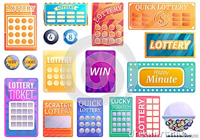 Lottery icons set, cartoon style Vector Illustration