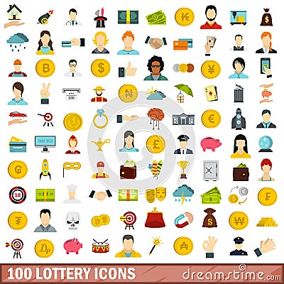 100 lottery icons set, flat style Vector Illustration