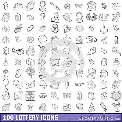 100 lottery icons set, outline style Vector Illustration