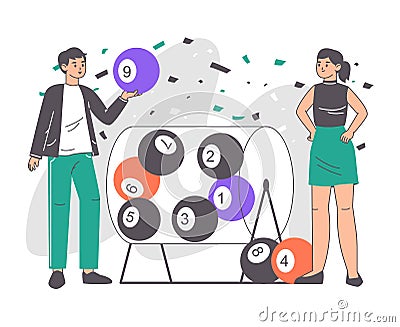 Lottery machine gambling people, lucky lotto games players. Fortune game lottery numbers ball, lucky lotto prize winners flat Vector Illustration