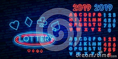 Lottery is a neon sign. Neon logo, emblem gambling, bright banner, neon casino advertising for your projects. Night light Stock Photo