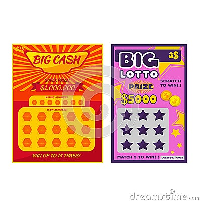 Lottery ticket vector lucky bingo card win chance lotto game jackpot ticketing set illustration lottery gaming tickets Vector Illustration