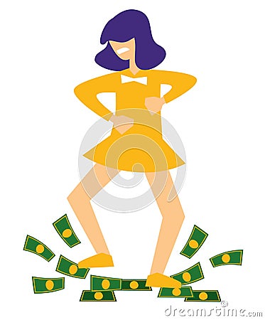 Lottery winner, girl dancing on dollar bills, money on floor Vector Illustration