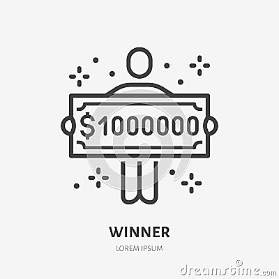 Lottery winner holding one million dollar check line icon, vector pictogram of prize. Money cheque illustration, casino Vector Illustration