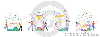 Lottery winners scenes. Happy lucky people with fortune wheel, happy ticket and money prize. Gambling games win, victory Vector Illustration