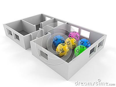 Lotto balls inside house plan Cartoon Illustration