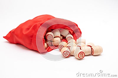 Lotto board game. Red bag with barrels and cards for the bingo game Stock Photo