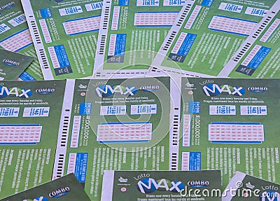 Lotto Max Lottery tickets, a Canadian gambling game coordinated by the Interprovincial Lottery Corporation, as one Editorial Stock Photo