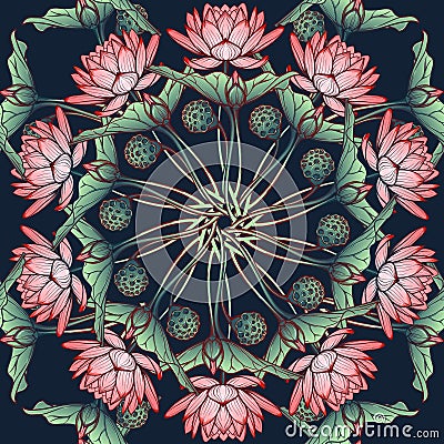 Lotus background. Circular Floral pattern with water lilies on a deep blue background. Vector Illustration