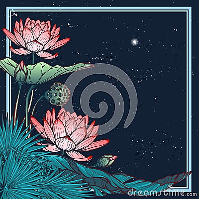 Lotus background. Floral decorative square frame. Water lilies palm tree and banana leaves arrenged in angular frame Vector Illustration