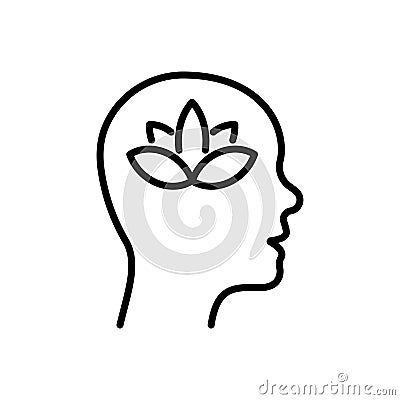 Lotus Brain Wellbeing Concept Line Icon. Wellbeing Peace, Mental Healthy Wellness Pictogram. Meditation Yoga Outline Vector Illustration