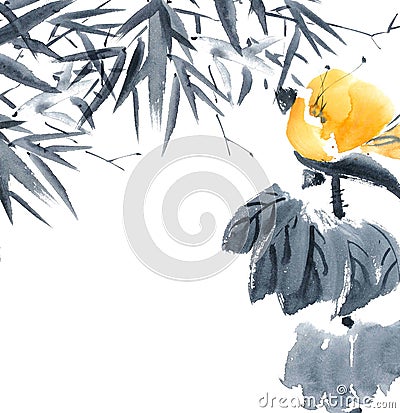 Lotus bud and bamboo. Flowers illustration.. Stock Photo