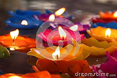 Lotus candle, lamp, lantern, light, Floating candles to be flower lotus burned on surface float on water with Buddhist beliefs Stock Photo