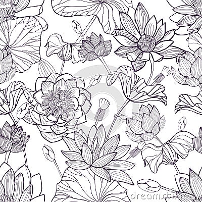 Lotus floral seamless pattern. Hand drawn monochrome background. Vector Illustration