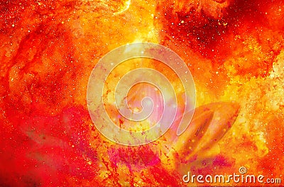 Lotus flower in cosmic background. Fire effect. Stock Photo