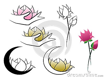 Lotus flower held by moon and hands abstract logo Stock Photo