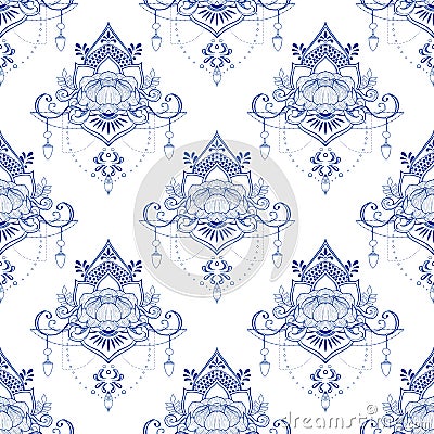 Lotus flower in mandala meditation style seamless pattern in Porcelain tone or light blue and white background Stock Photo