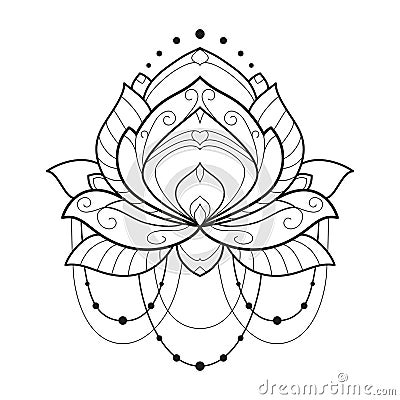 Lotus flower monochrome geometrical vector illustration is isolated on a white background. Symmetric decorative element with east Cartoon Illustration