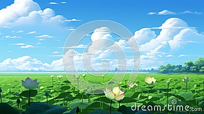 Lotus Flowers In Anime-influenced Southern Countryside Stock Photo