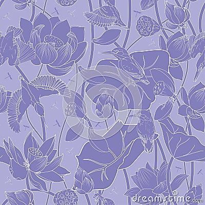 Flowers and leaves of lotuses and birds, kingfishers Vector Illustration