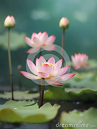 Lotus flowers in macro focus on calm water background. Generate AI Stock Photo