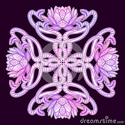 Lotus flowers and snakes arranged in an Intricate cross shaped pattern isolated on black background. Vector Illustration