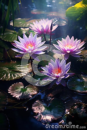 lotus flowers on water lily on lake ,water reflection , trees in forest ,wild lotus on sunset sky on sea Stock Photo