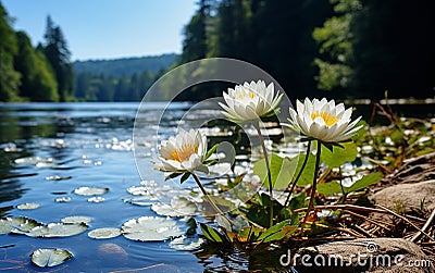 lotus flowers on water lily on lake ,water reflection , trees in forest ,wild lotus on sunset sky on sea Stock Photo