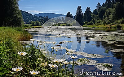 lotus flowers on water lily on lake ,water reflection , trees in forest ,wild lotus on sunset sky on sea Stock Photo