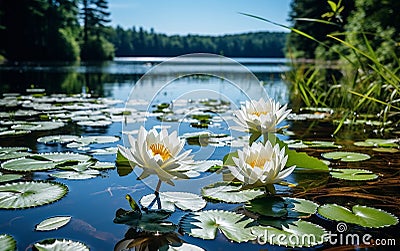 lotus flowers on water lily on lake ,water reflection , trees in forest ,wild lotus on sunset sky on sea Stock Photo