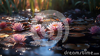 lotus flowers on water lily on lake ,water reflection , trees in forest ,wild lotus on sunset sky on sea Stock Photo