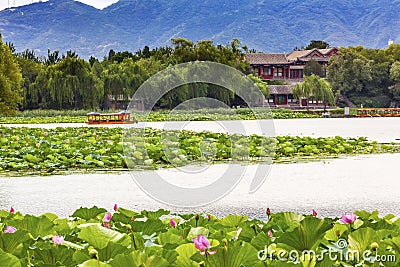 Lotus Garden Boat Buildings Summer Palace Beijing, China Stock Photo