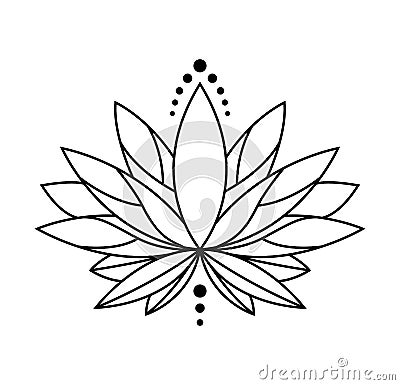 Lotus icon. Monochrome blooming flower. Black linear petals of plant on white background. Blossom, aquatic plant vector Vector Illustration