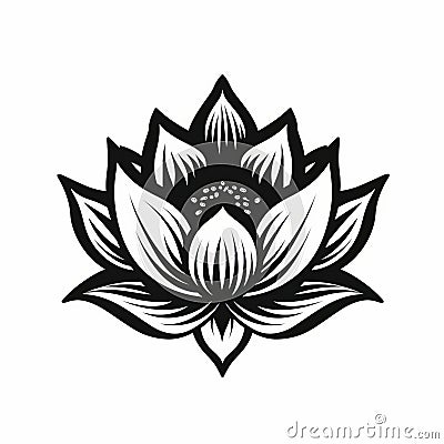 Lotus Linocut Woodcut Print: Black And White Vector With Spiritualcore Style Stock Photo