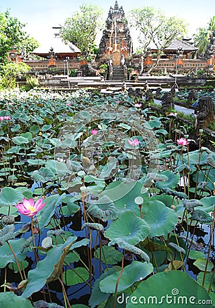 Lotus pond in famous Bali temple, Ubud Stock Photo